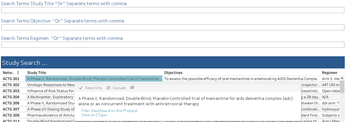 Screenshot of the study search filter